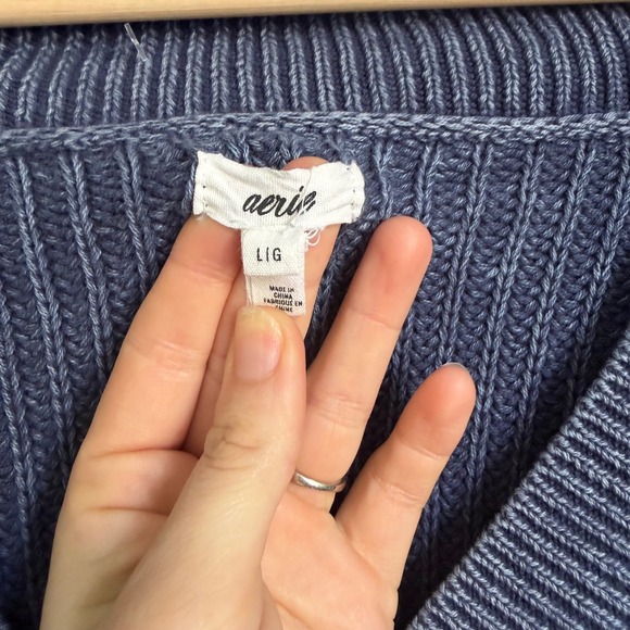 Aerie Womens Oversized V-Neck Ribbed Knit Cotton Sweater Blue Large L Baggy - Picture 3 of 6